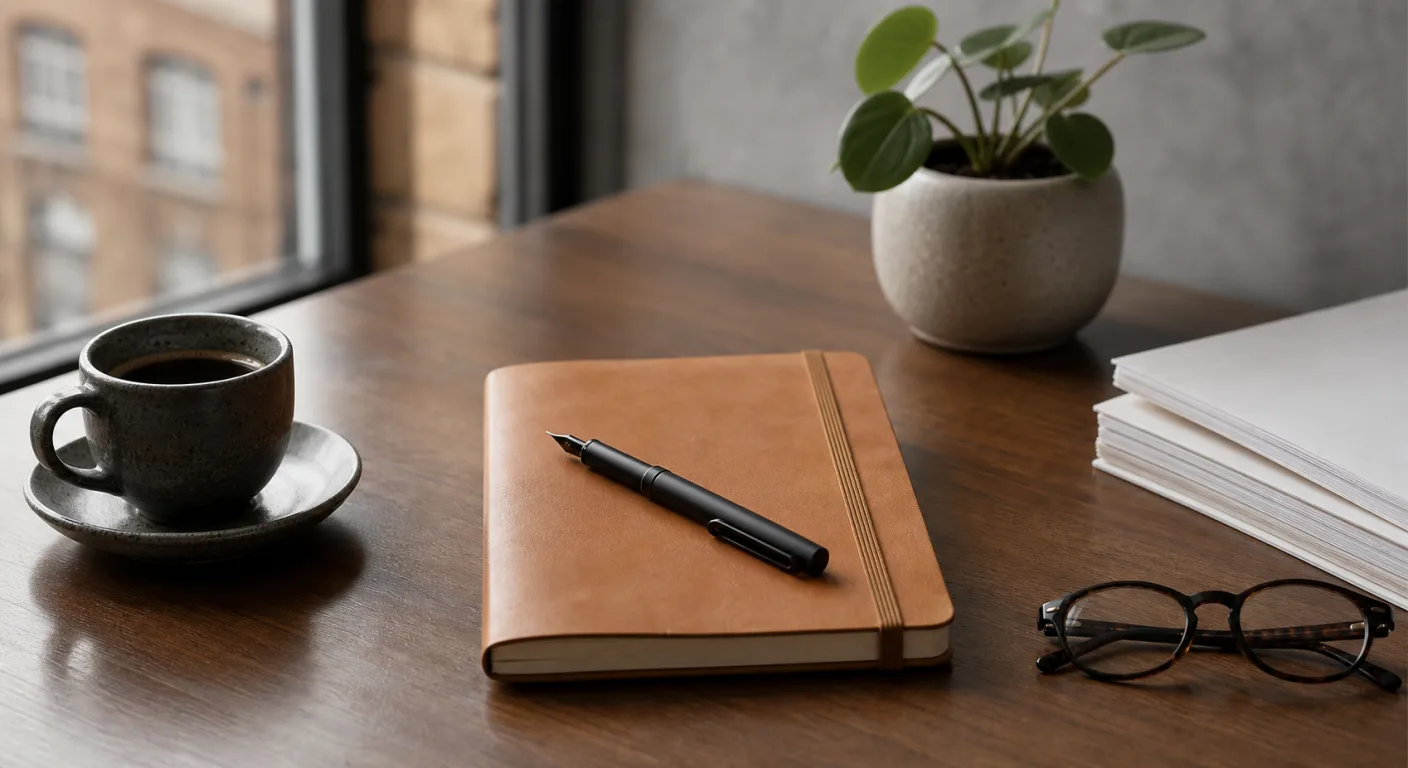 An understated desk arrangement with a tan leather notebook, fountain pen, ceramic coffee cup, folded reading glasses, and a small plant in soft daylight