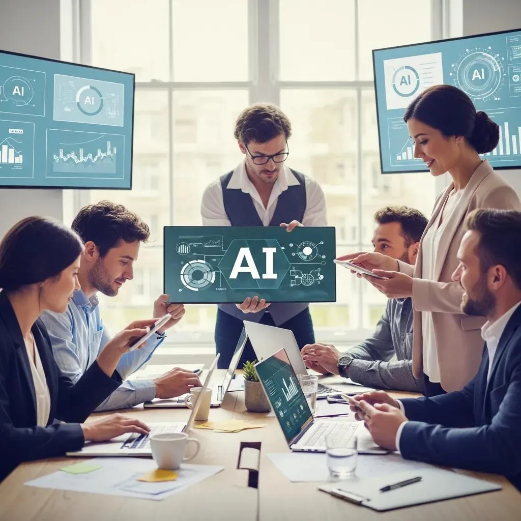 Project team in a boardroom reviewing a holographic AI interface during implementation planning