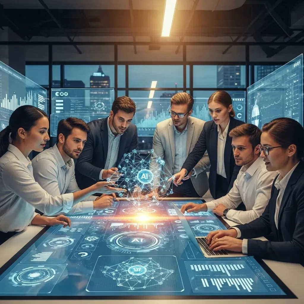 Team gathered around a glowing table mapping a holographic AI network and roadmap