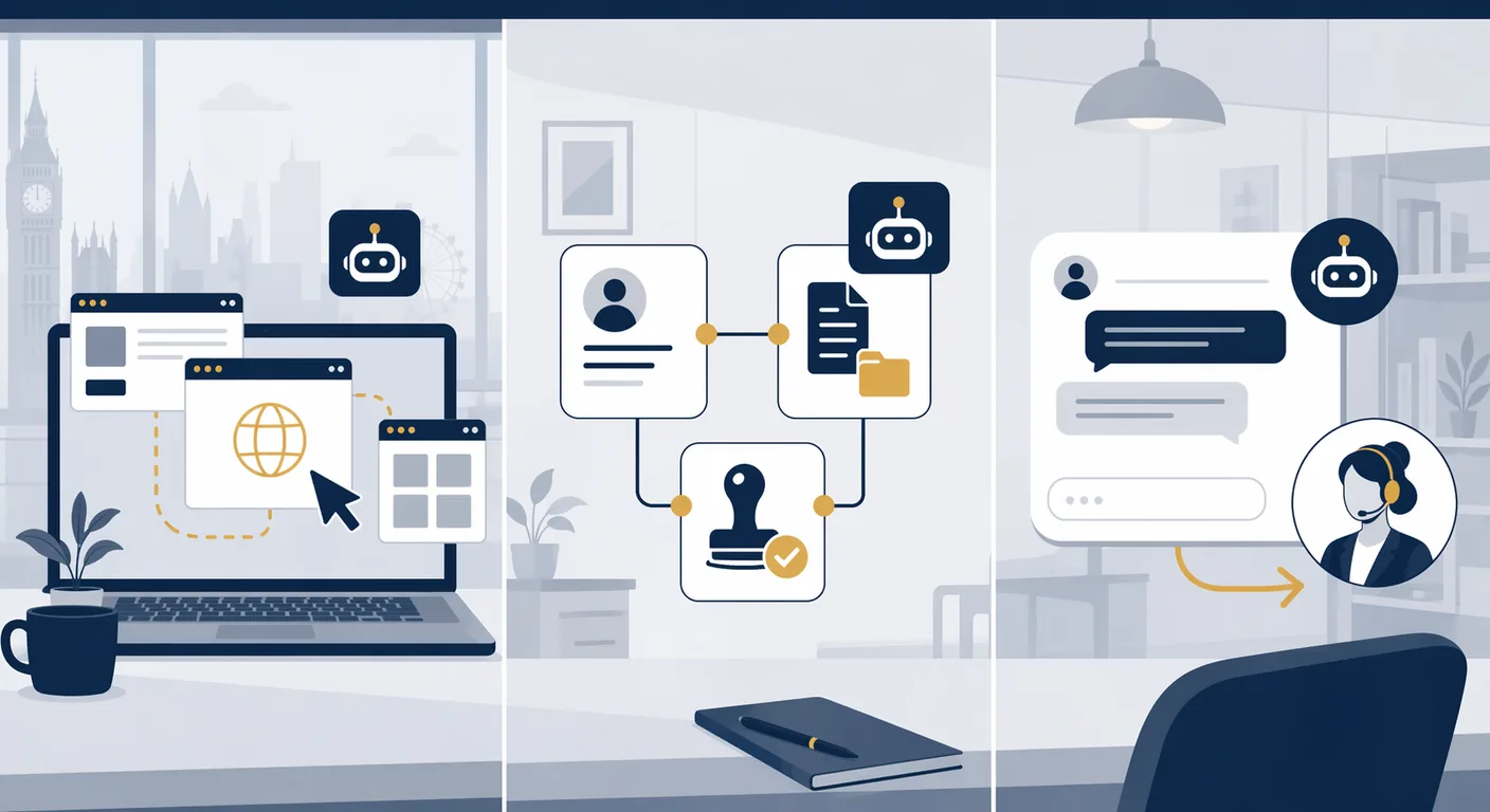 A three-pattern illustration showing a browser agent, an internal workflow agent, and a customer-facing agent operating in a UK office environment