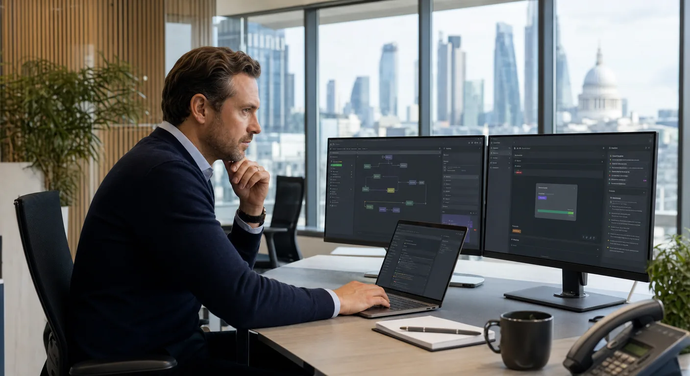 A UK operations lead at a clean modern desk, mid-thought, reviewing an agent workflow dashboard across two monitors and a laptop, with the City of London skyline and St Paul's Cathedral visible through the office windows