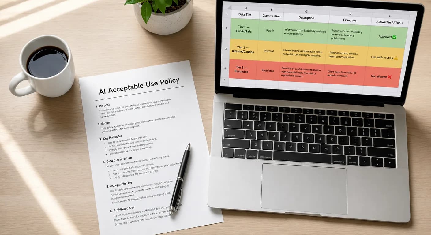 A printed AI acceptable use policy document on a desk beside a laptop showing a three-tier data classification system