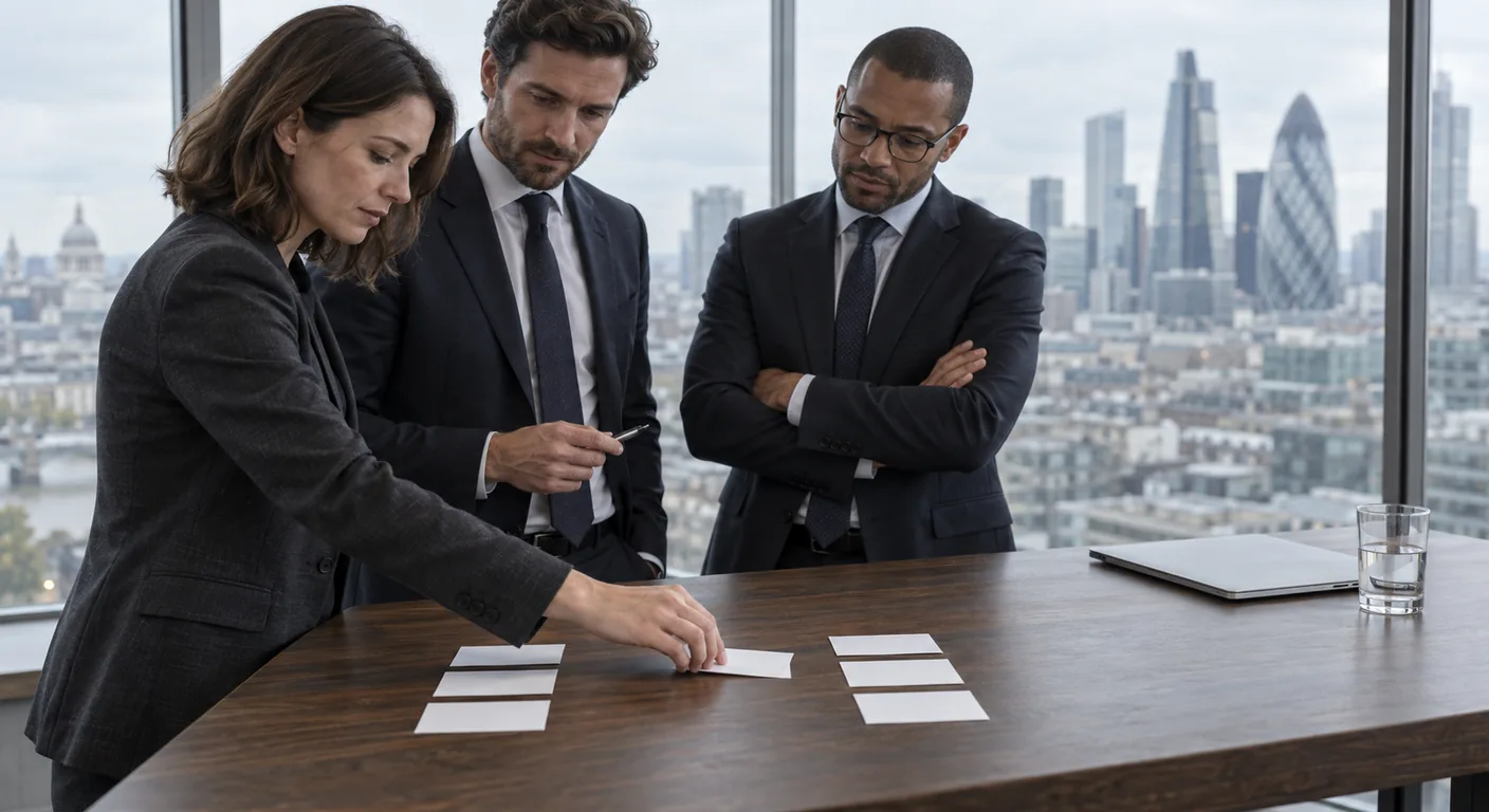 Three colleagues standing at a tall walnut table by a window over the City of London, one sliding a blank white card between two small groups of cards while the other two watch, one holding a pen and one with arms folded, with a closed laptop and a glass of water at the far end of the table