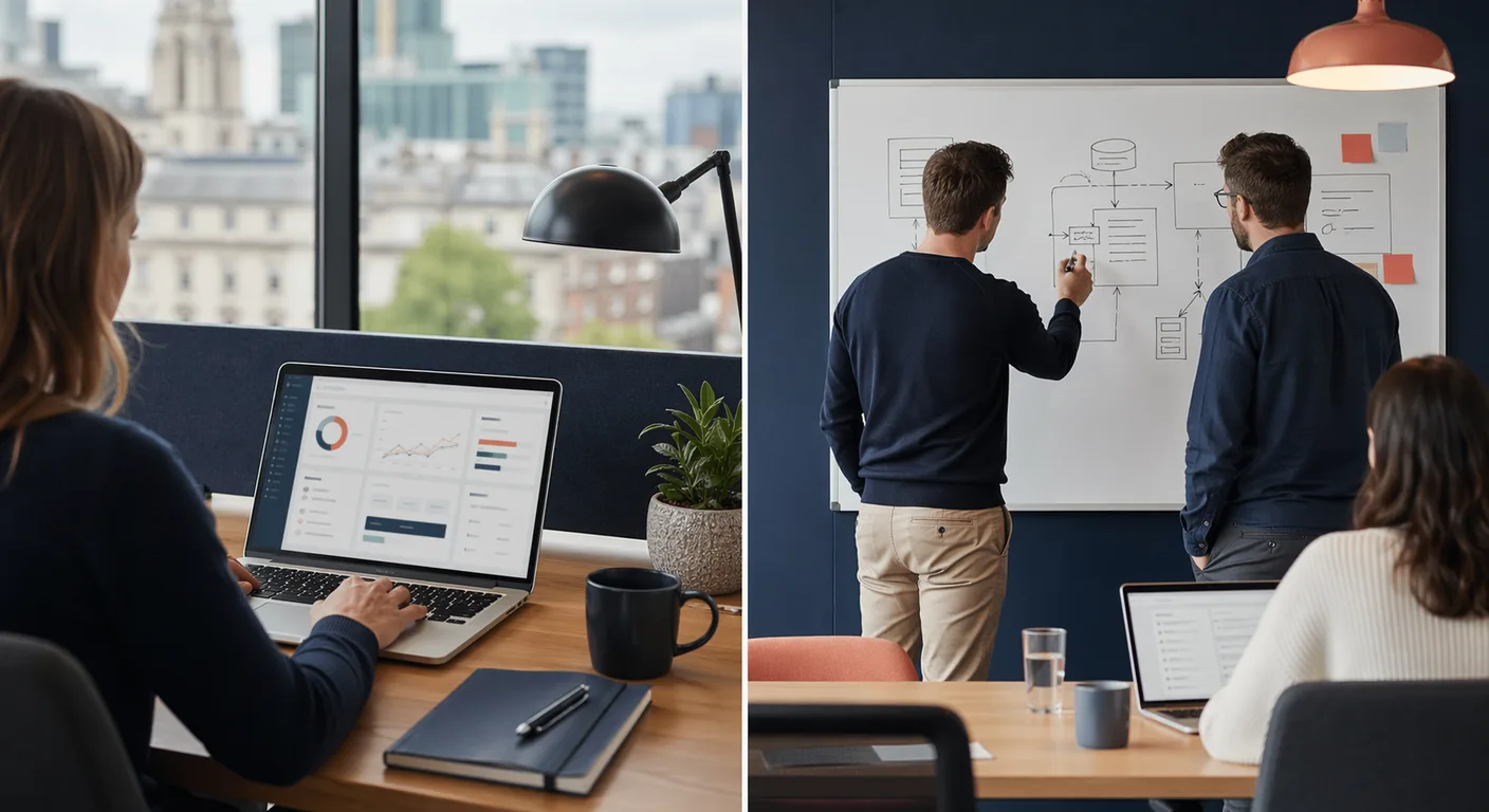 A split-frame image contrasting a UK office using off-the-shelf AI SaaS and a development team building a custom AI system