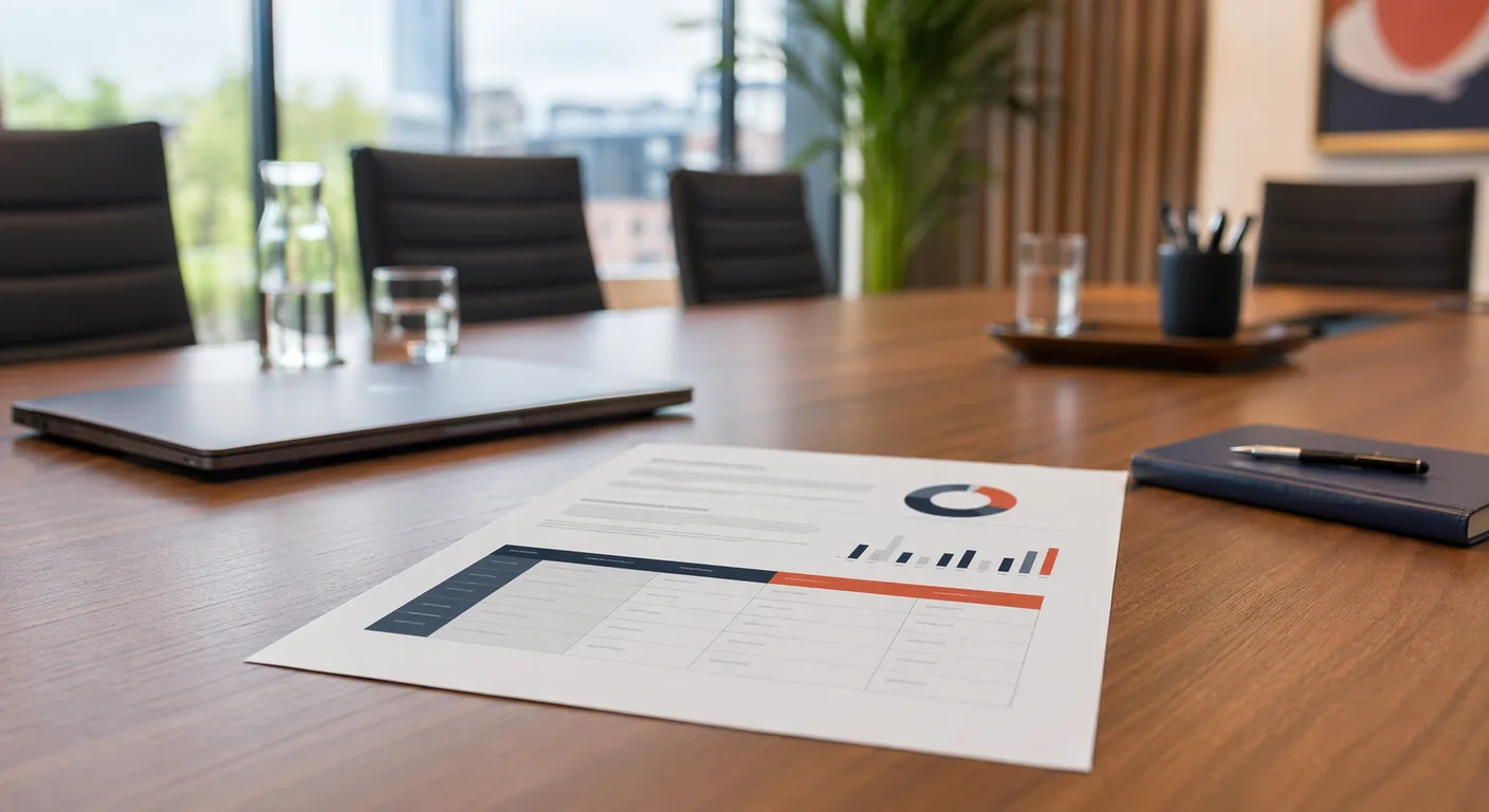 A printed one-page AI business case document with a costs versus benefits table, ready for board approval in a UK boardroom