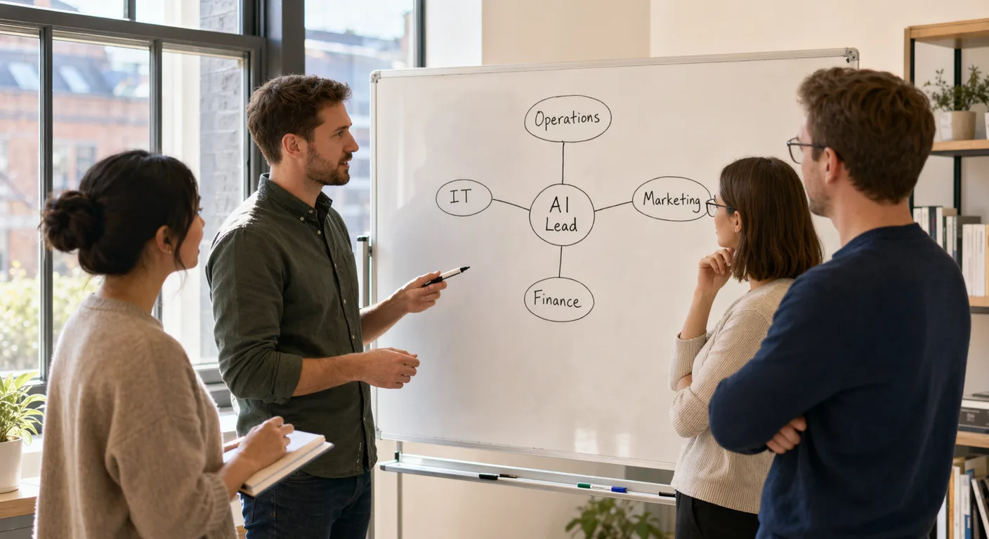 A small UK business team collaborating around a whiteboard showing an AI Centre of Excellence hub and spoke diagram