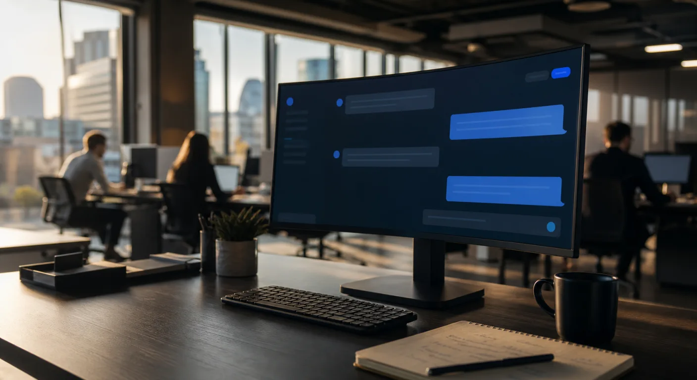 A UK customer service manager reviewing AI chatbot conversation logs on a large monitor, with a clean office background and a chat interface visible on screen