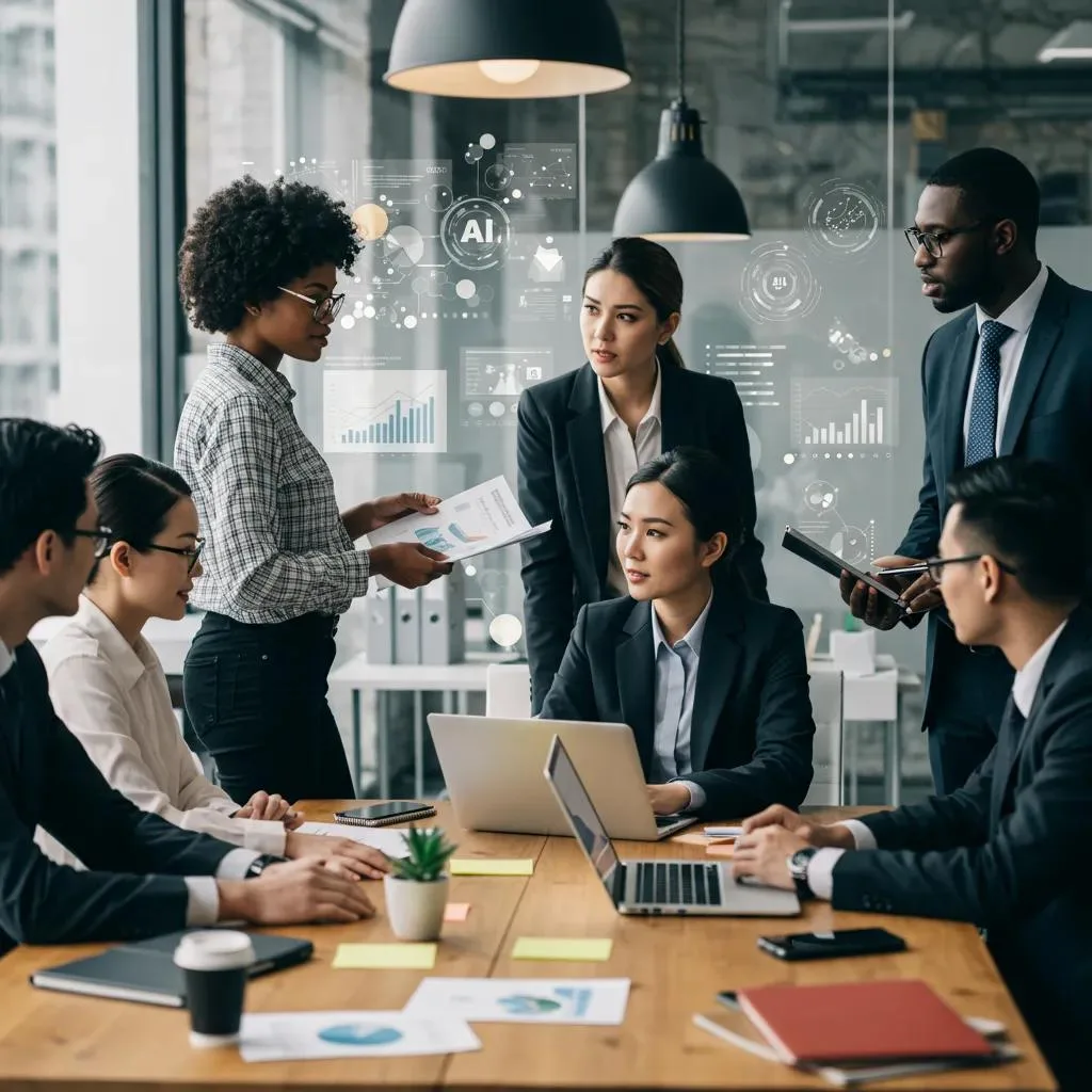 Business team reviewing laptops and holographic AI graphics around a meeting table