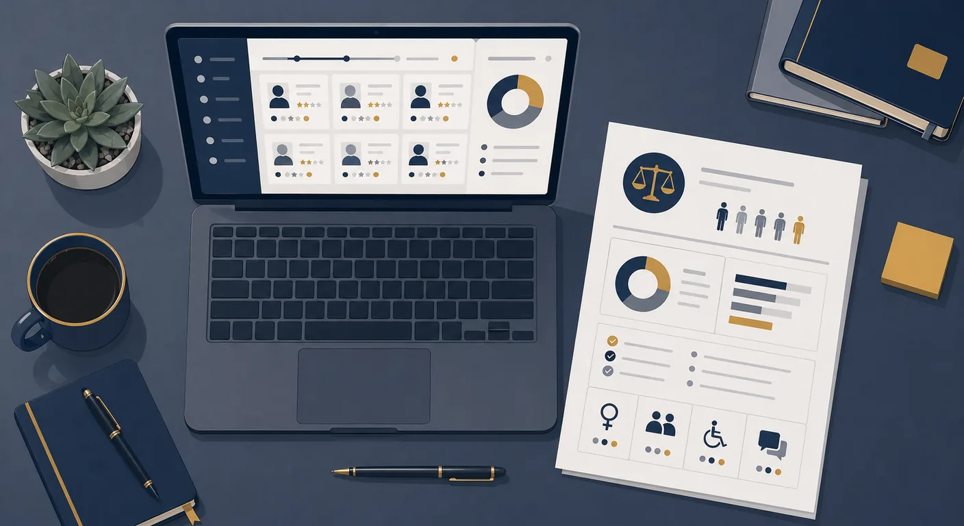 A UK HR director reviewing an AI candidate screening dashboard with bias and disparate impact indicators