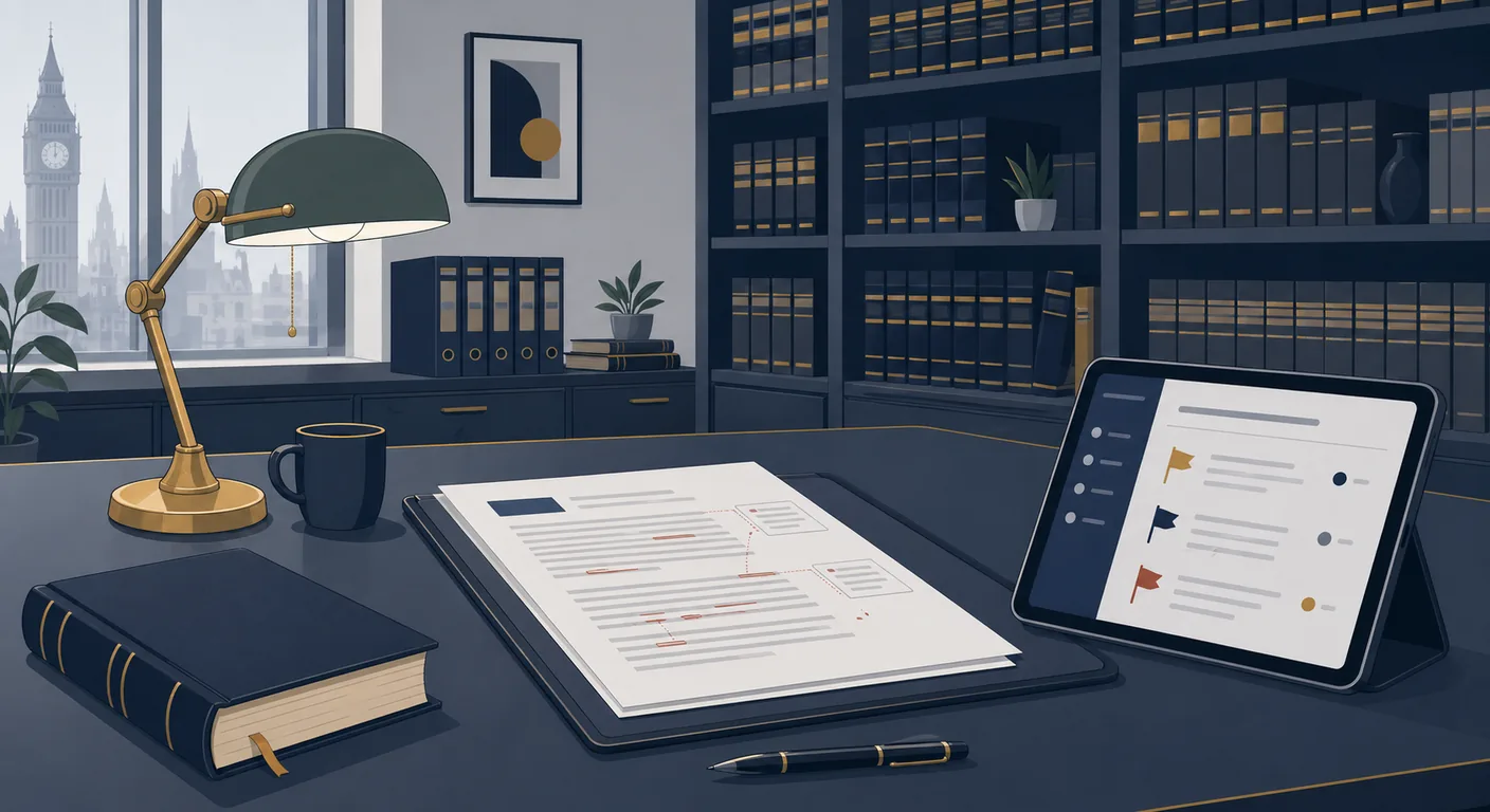 A UK solicitor reviewing an AI-drafted contract with a tablet showing flagged clauses and the firm's playbook