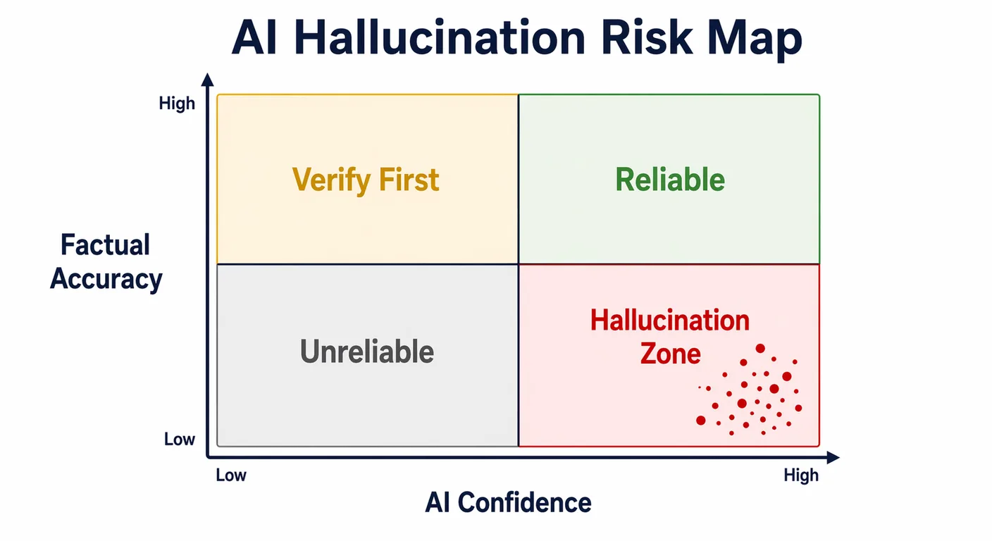 A four-quadrant confidence versus accuracy matrix showing where AI hallucinations occur, rendered as a clean professional infographic