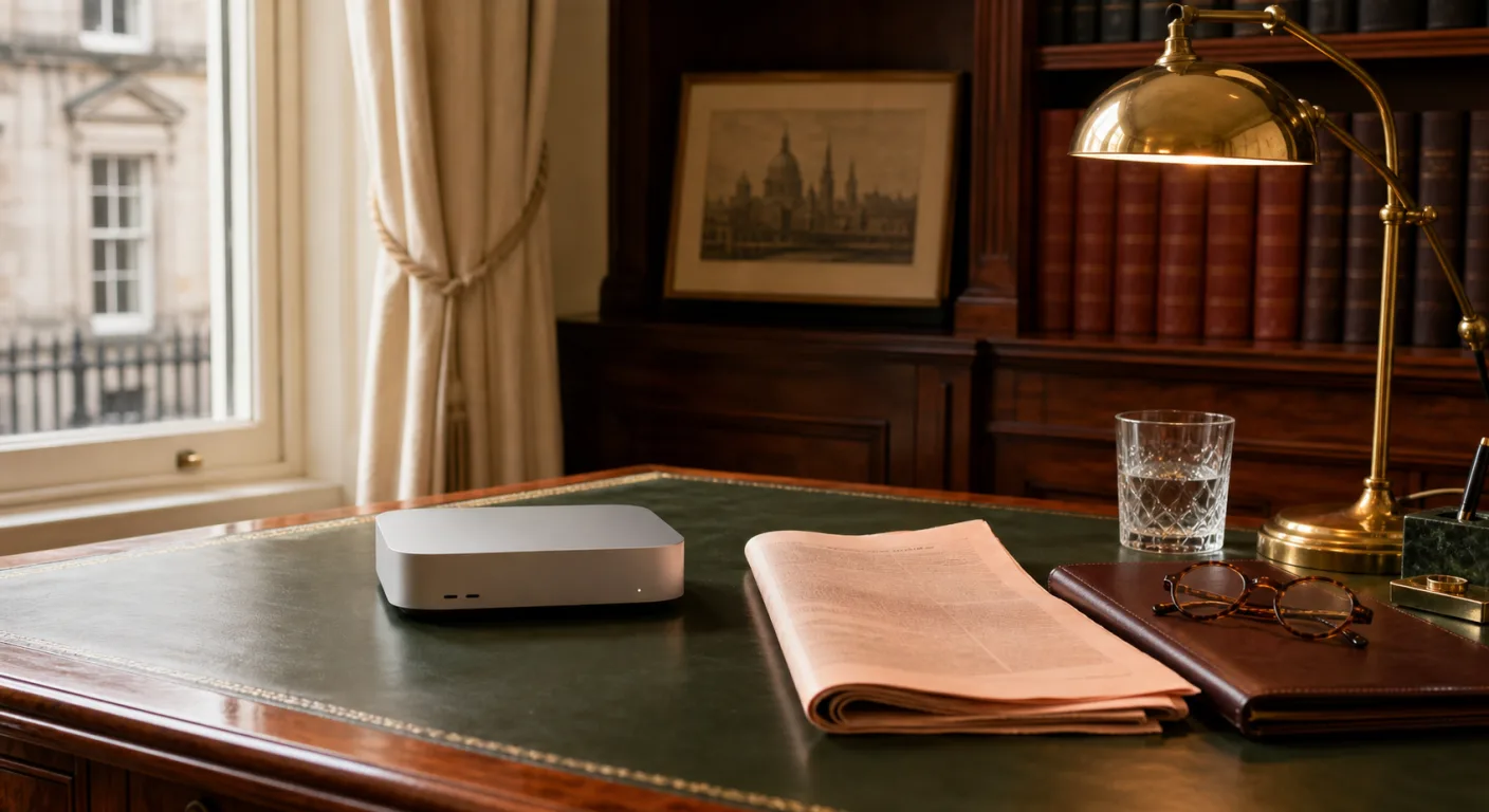 A wealth-advisory office in a Mayfair-style setting with a polished walnut desk, green leather inlay, oxblood portfolio, brass desk lamp, and a Mac mini.
