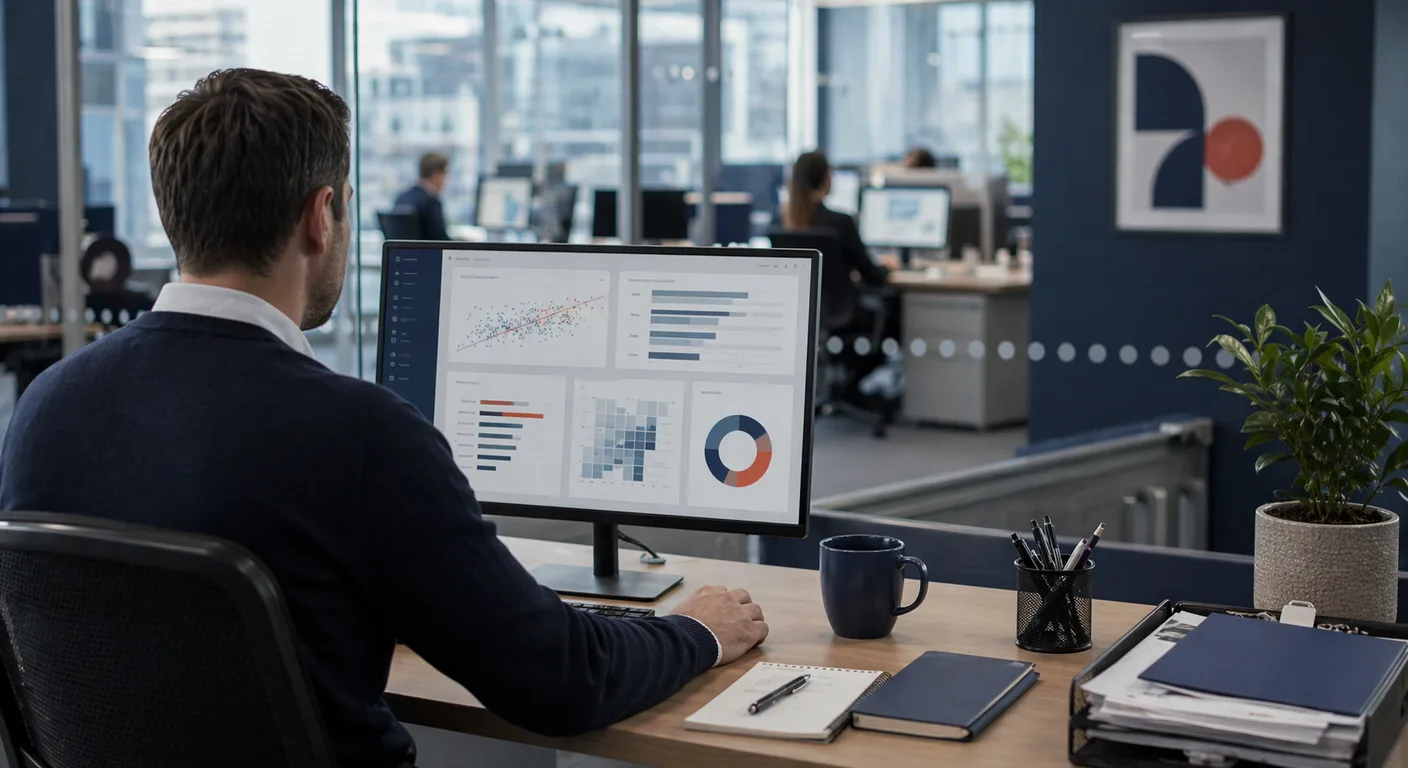 A UK financial services compliance desk with a model explainability dashboard visible on screen