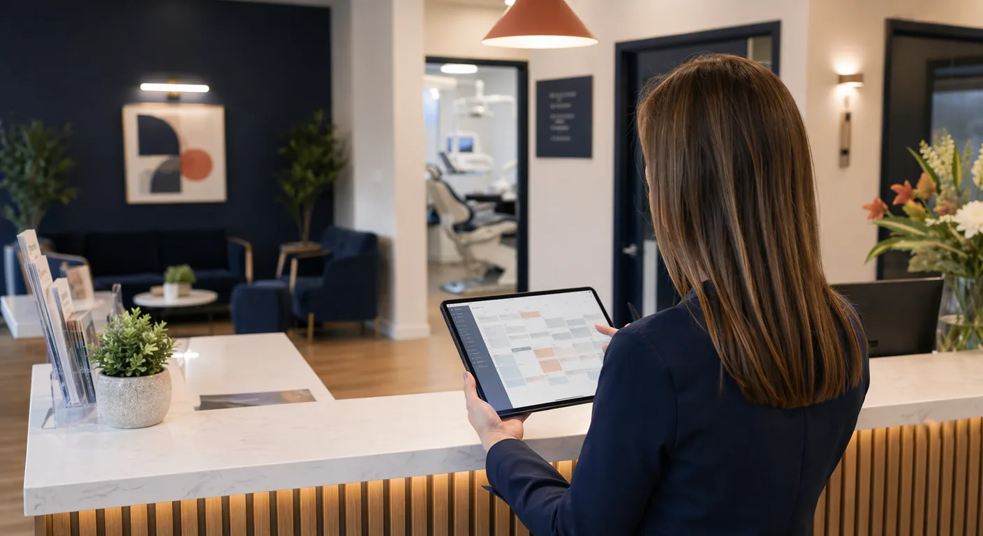 A UK private dental practice reception area with a clinician reviewing patient scheduling on a tablet