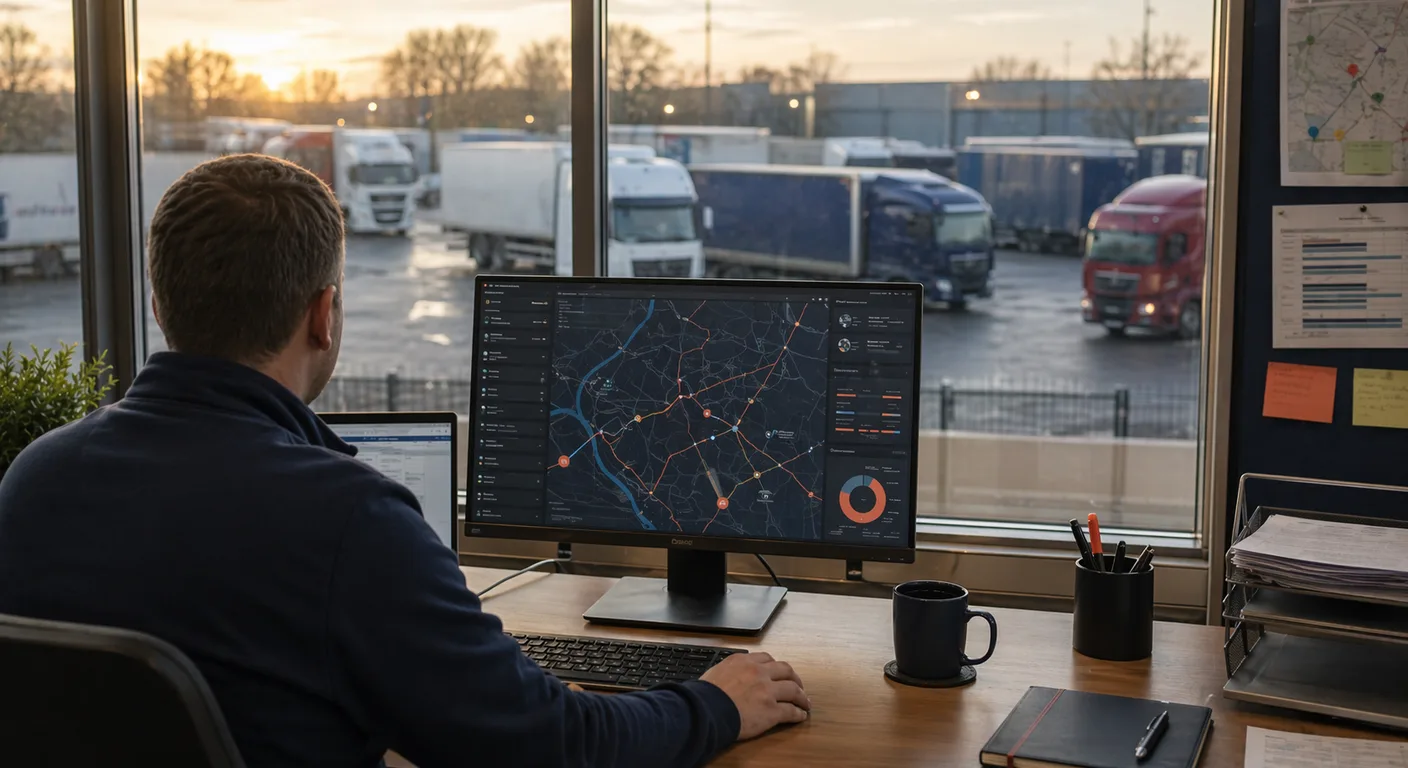 A UK haulage operations office with a dispatcher reviewing a route optimisation map on a large monitor