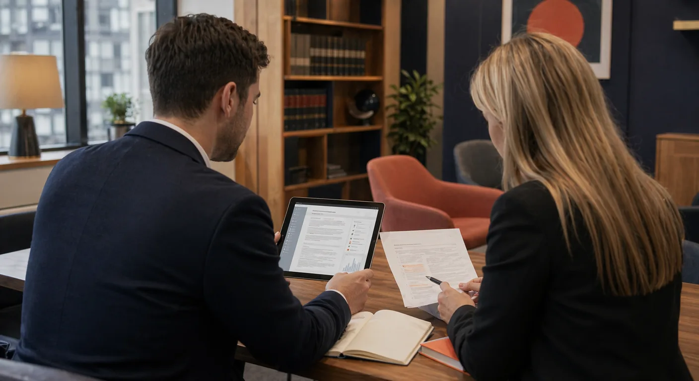 Two UK professional services practitioners reviewing a document together with an AI-assisted document review interface on a tablet