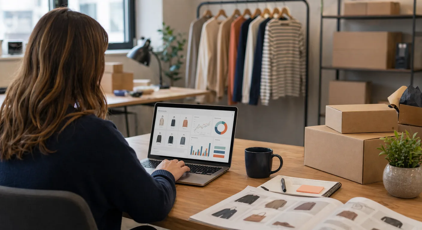 A UK ecommerce operations office with a team member reviewing a product catalogue and a sales dashboard