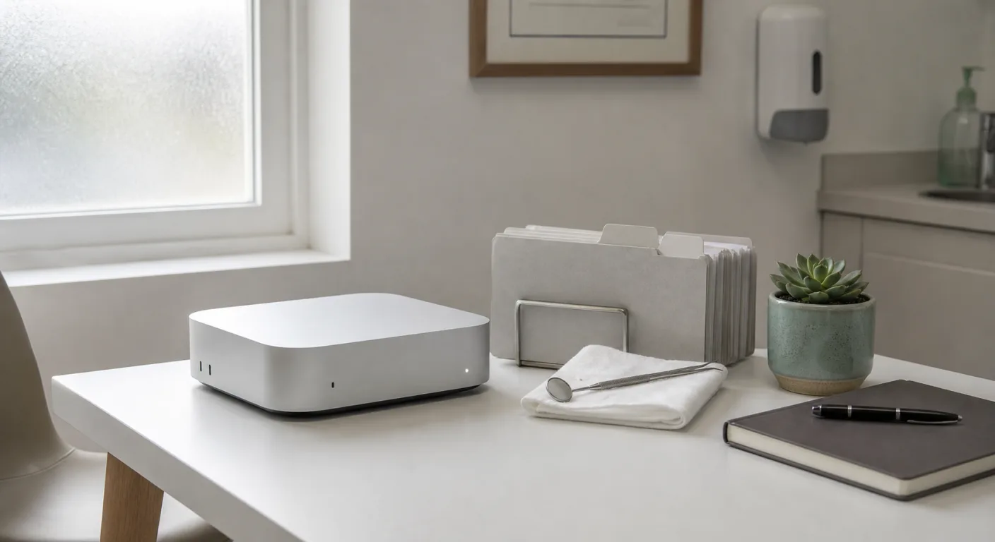 A small back-office in a private UK dental or medical practice with a clean white desk, a Mac mini, anonymous patient folders, and a stainless-steel dental mirror.