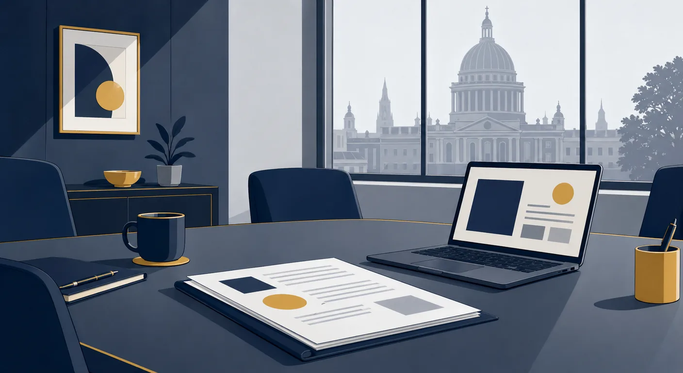 A UK government office meeting room with a procurement officer and a supplier reviewing a tender response on screen