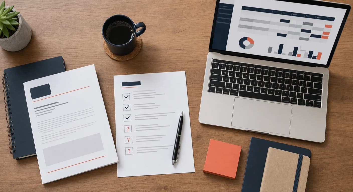 A UK office desk with an RFP document, a due diligence checklist, and a vendor comparison matrix on a laptop