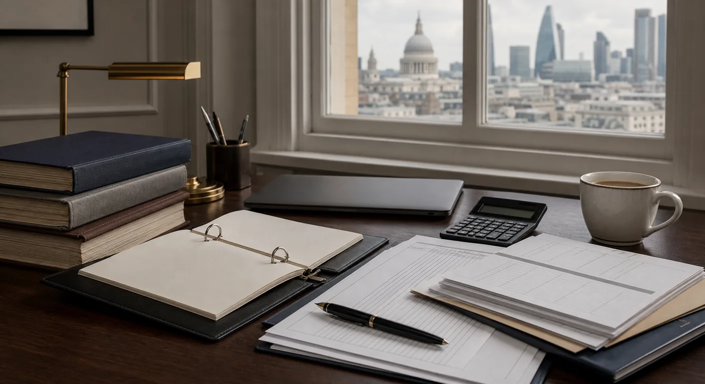 A single editorial desk with overlapping stacks of UK legal documents and financial ledgers, a fountain pen resting across them, with a soft-focus City of London skyline including the silhouette of St Paul's in the background.