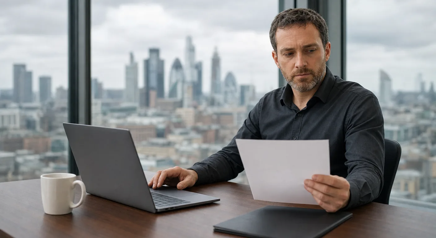 An IT administrator pausing over a laptop while reading a printed page, with the City of London skyline behind