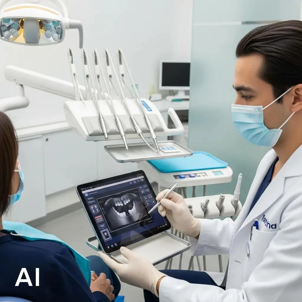 Dentist reviewing an AI-assisted dental scan on a screen in a treatment room