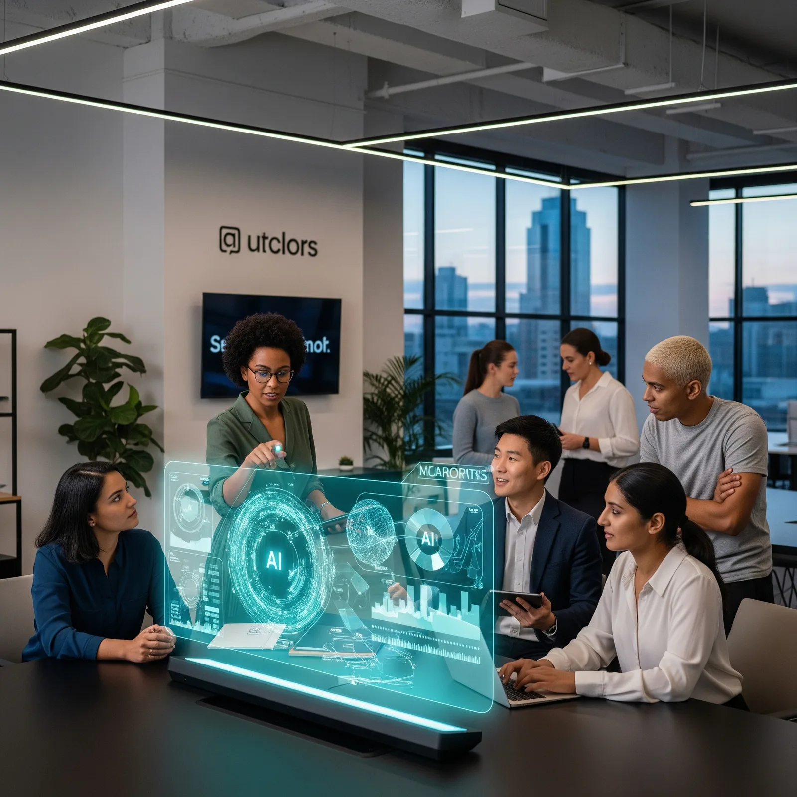 Team watching a glowing holographic AI sphere in a modern office with a city view