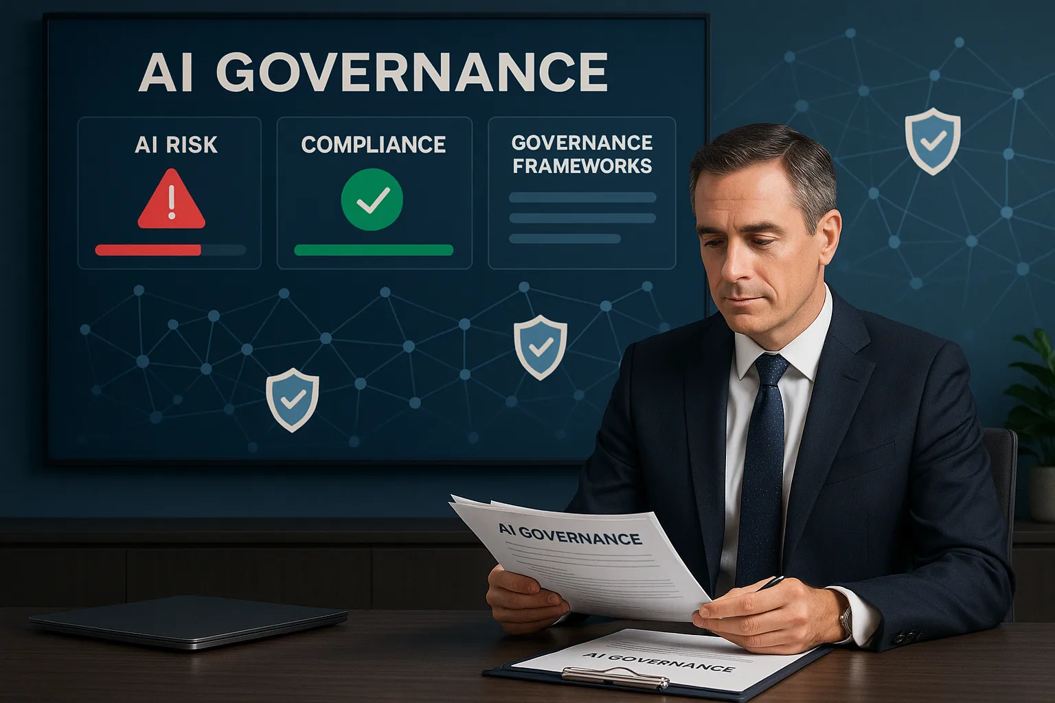 Executive reviewing documents in front of a screen headed AI Governance with security icons
