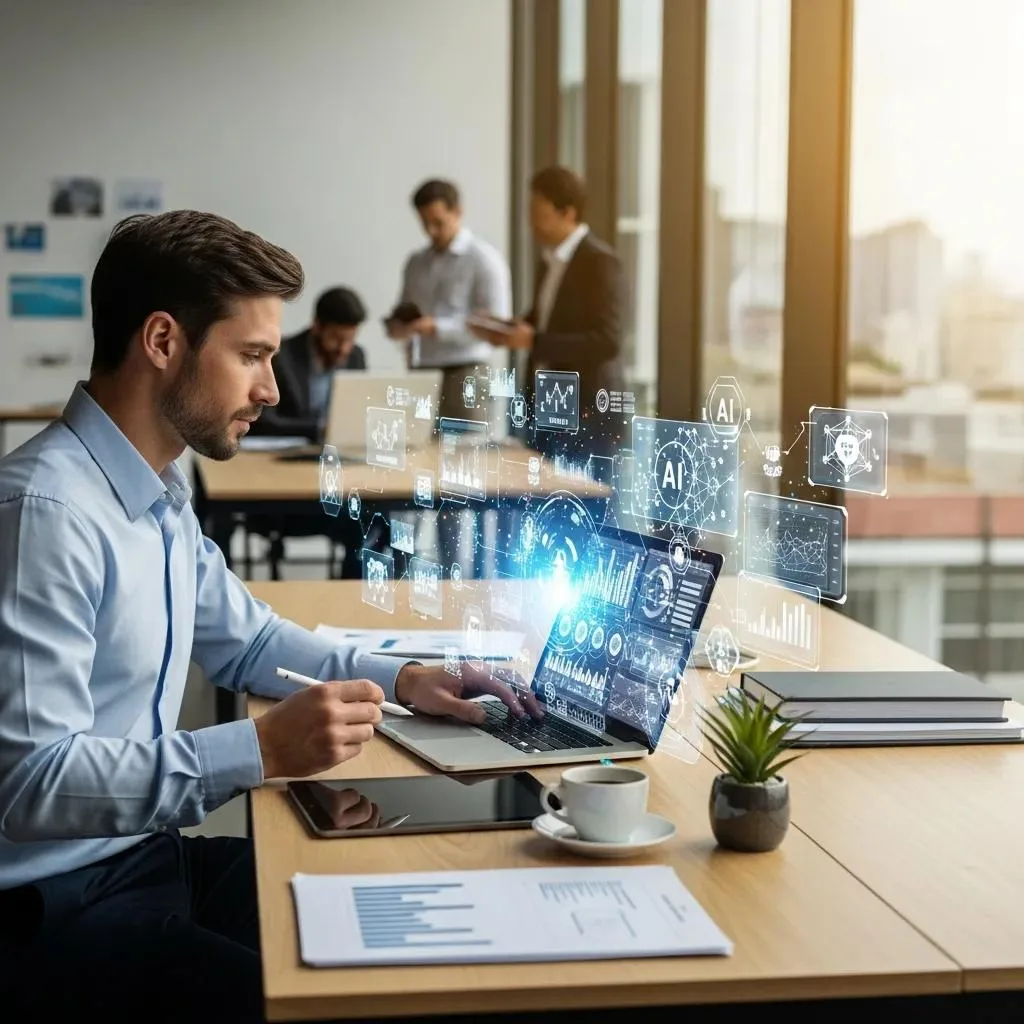 Analyst at a laptop with a floating holographic dashboard used to calculate AI return on investment