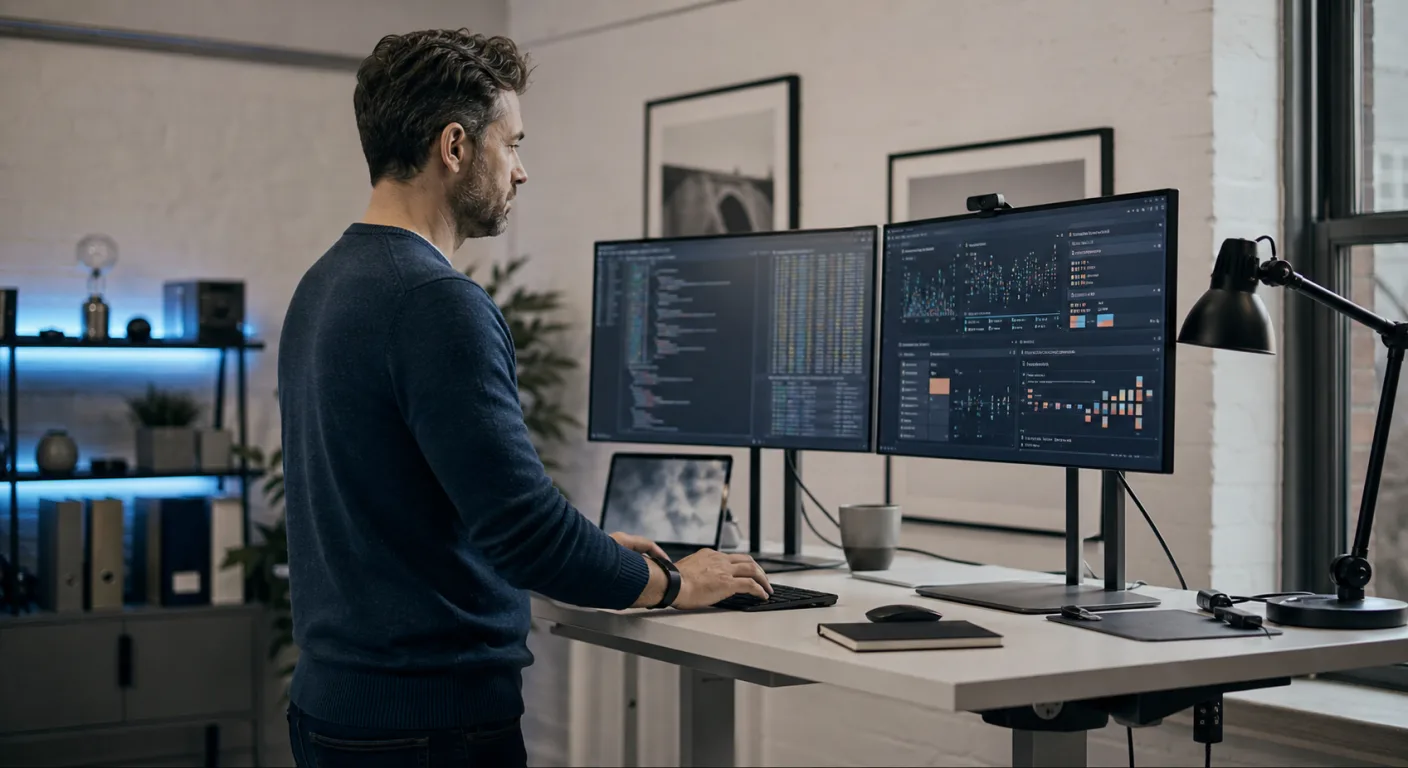 A UK technology consultant at a clean desk reviewing a project budget spreadsheet on a laptop with API pricing and integration cost breakdowns visible on screen