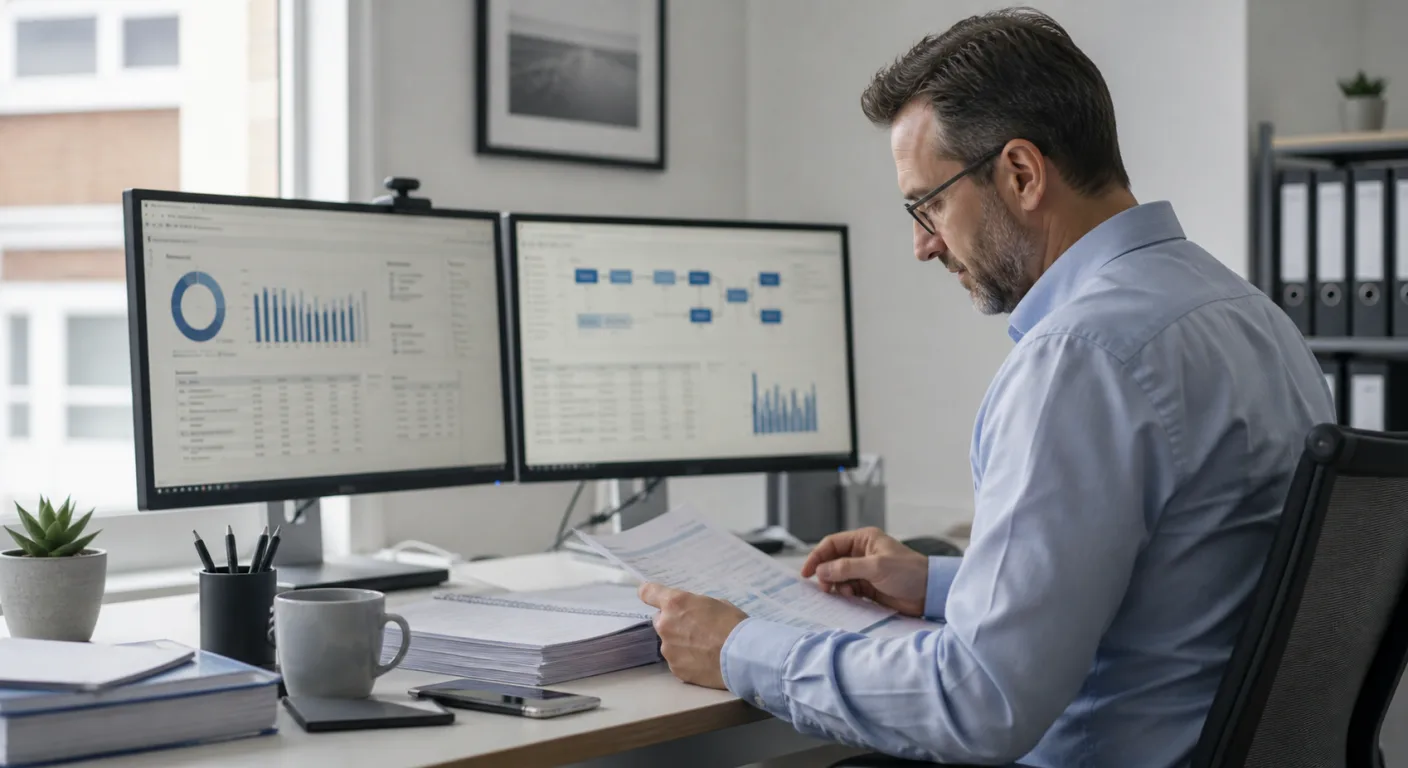 A UK chartered accountant at a modern office desk reviewing financial statements on screen with a calculator and printed accounts nearby, in warm professional lighting