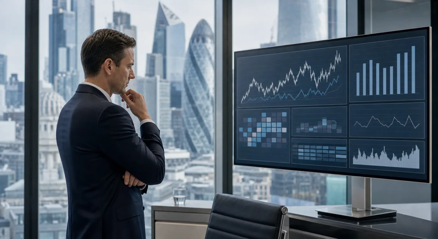 Two UK financial services professionals reviewing compliance documentation in a glass-walled City of London meeting room with skyline views