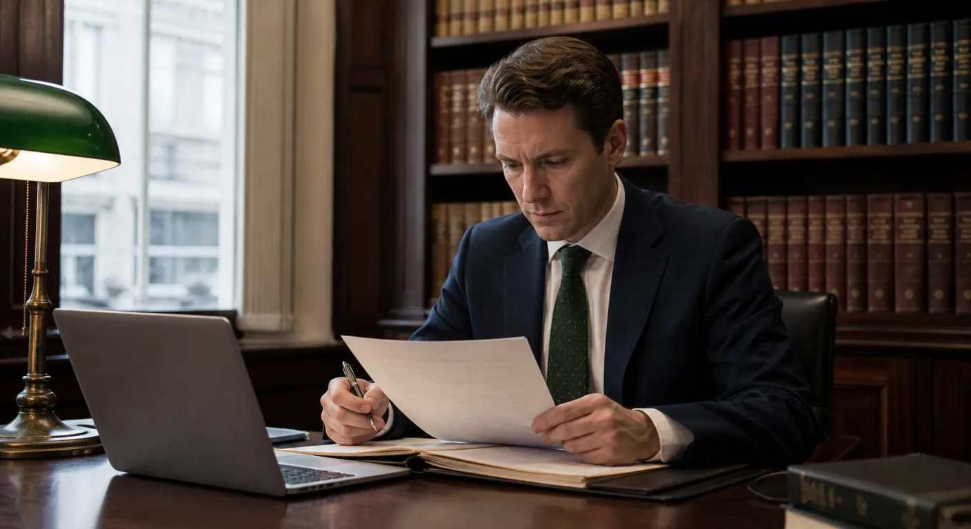 A UK solicitor at a desk reviewing a legal document on screen alongside a printed brief, with law library shelves in the background and soft natural light