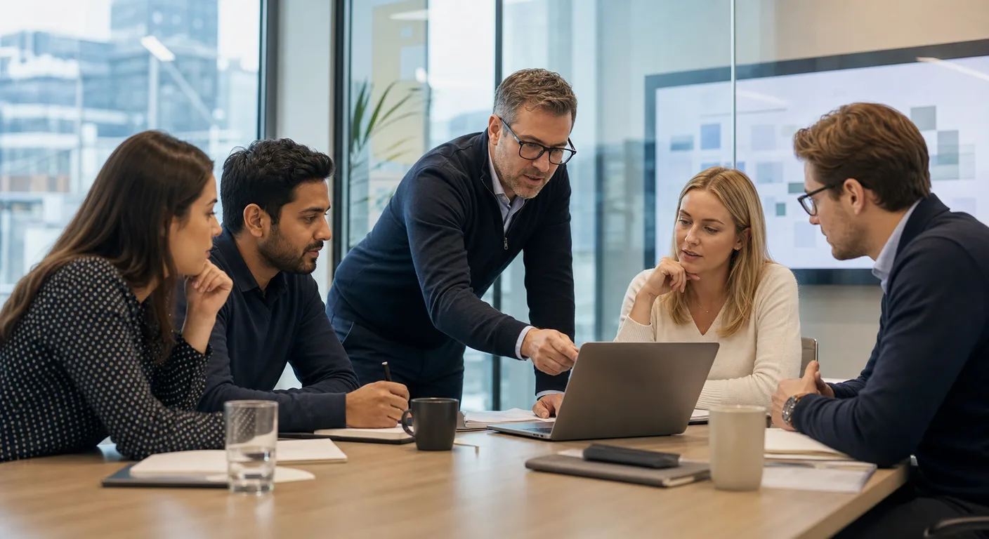 A UK team in a meeting room during a bespoke ChatGPT training workshop run by The AI Consultancy
