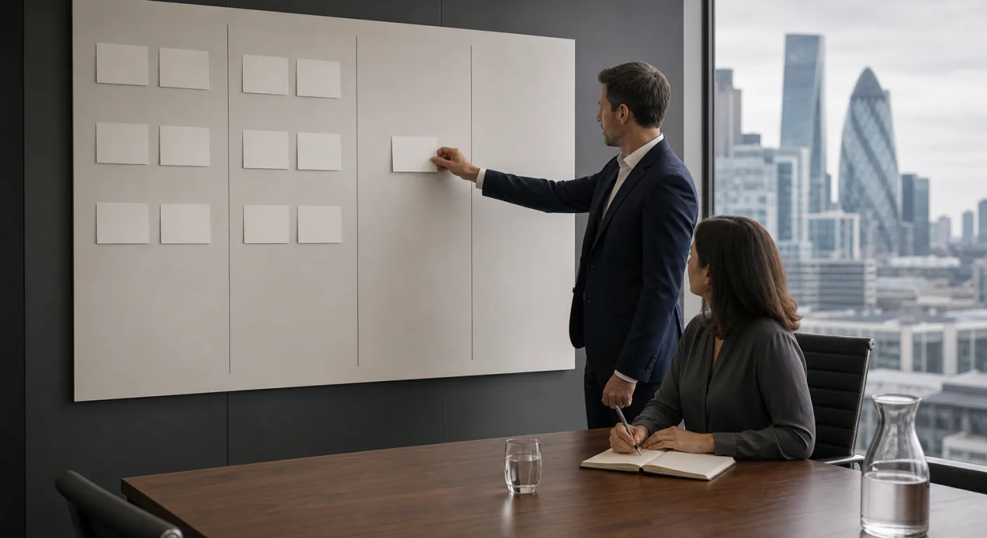 A professional placing a card on a four-column wall planner in a boardroom while a colleague takes notes, with the City of London beyond the window