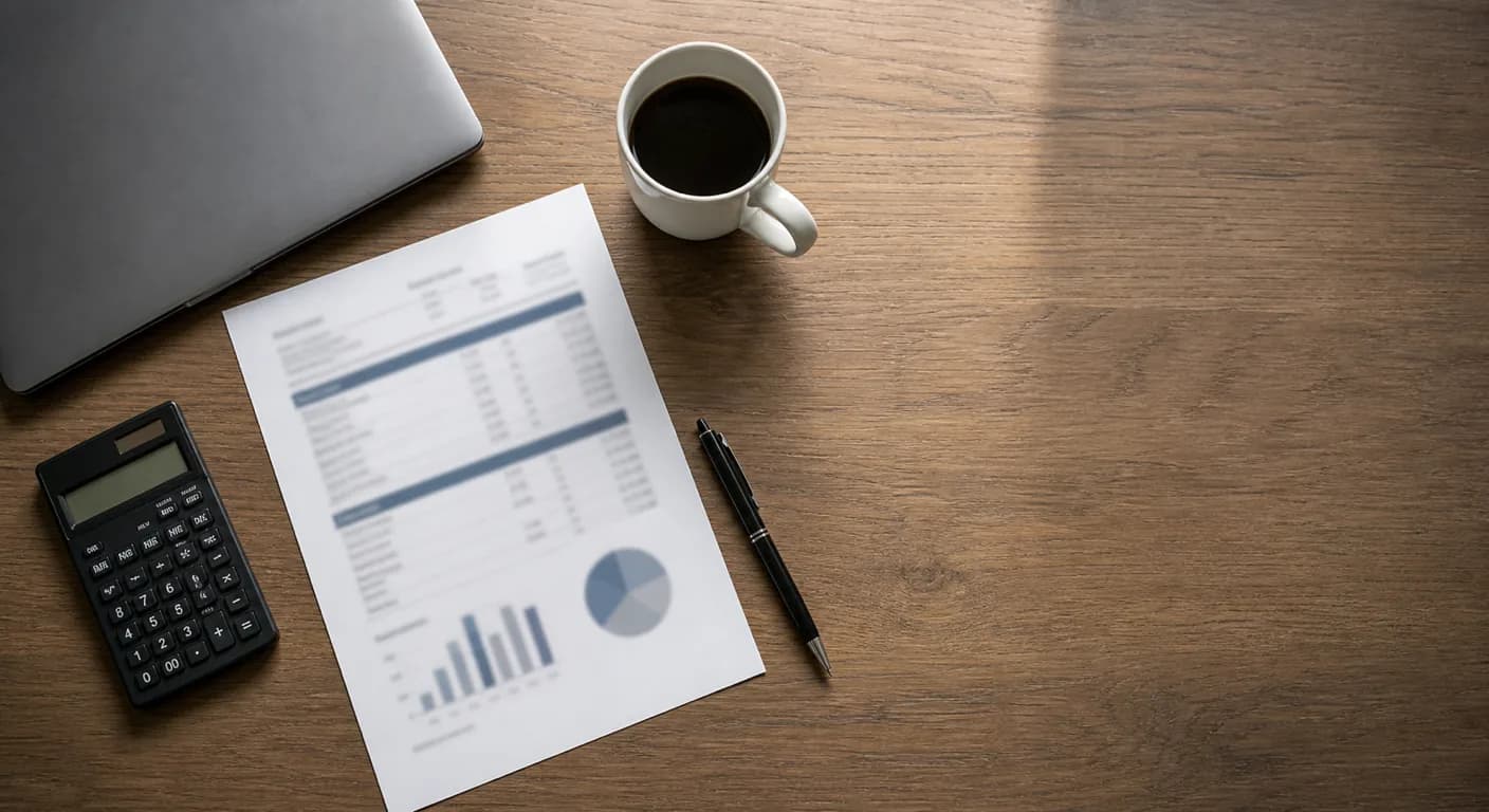 Overhead flat-lay of a wooden desk showing a printed cost breakdown with charts, a calculator, a black pen, a white coffee mug, and a closed laptop
