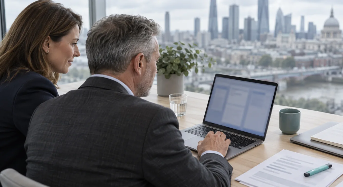 Two colleagues from a non-technical UK team working side by side at one laptop in an office overlooking London, with printed process notes and a highlighter on the desk