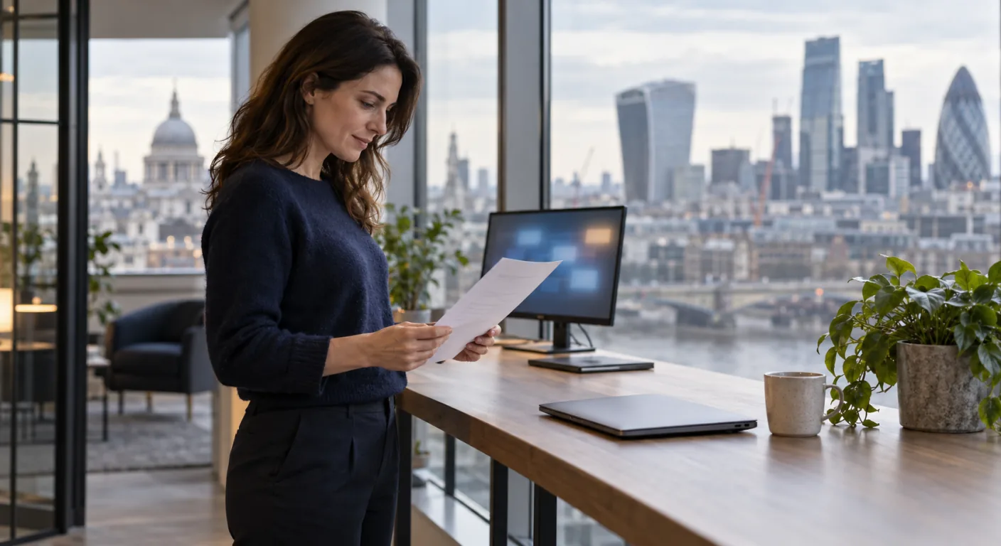 An operations manager in a small UK office standing at a window-side high table, reading a printed page after closing a laptop, with the City of London skyline soft behind the glass