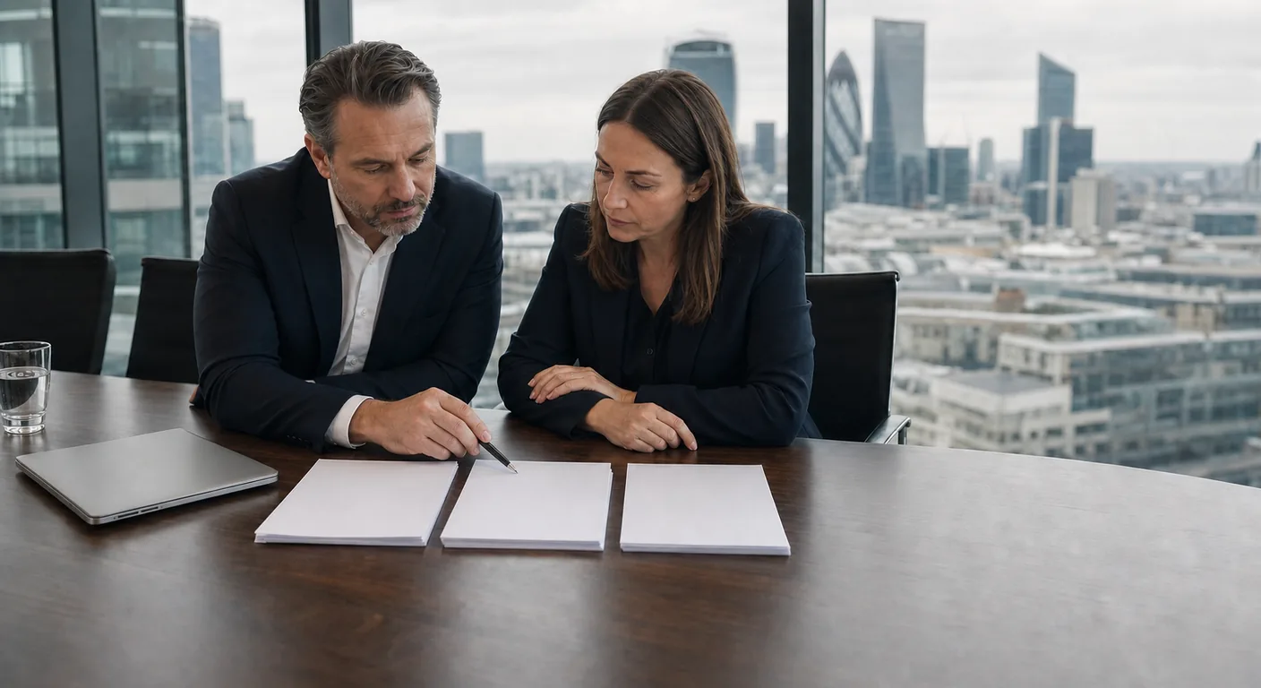 Two professionals comparing three sets of deployment documents at a boardroom table with the City of London skyline behind