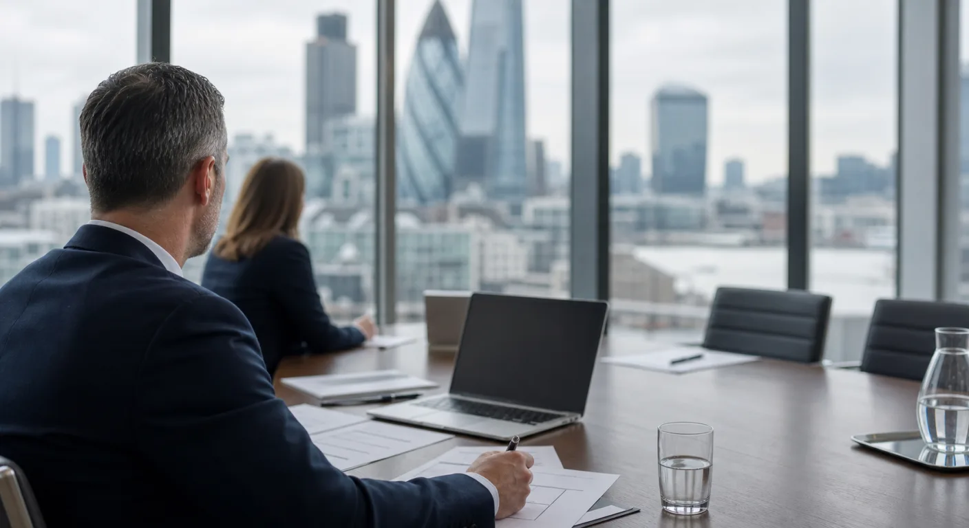 Business executives in a boardroom reviewing documents and a laptop with the City of London skyline visible through floor-to-ceiling windows