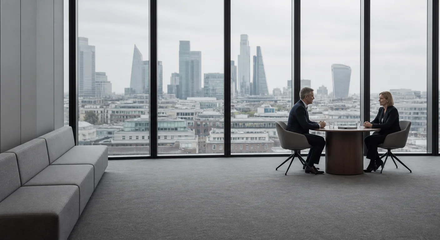 Wide view of a quiet breakout area in a City of London practice, two professionals in conversation at a small round table beside floor-to-ceiling glazing