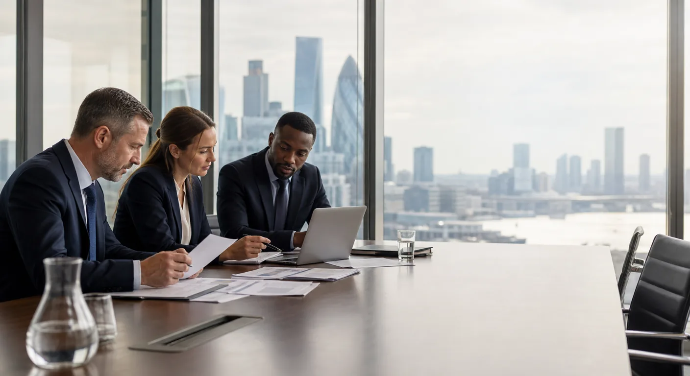 Three UK financial services professionals in a modern glass-walled boardroom reviewing documents and a laptop with the City of London skyline visible through the window