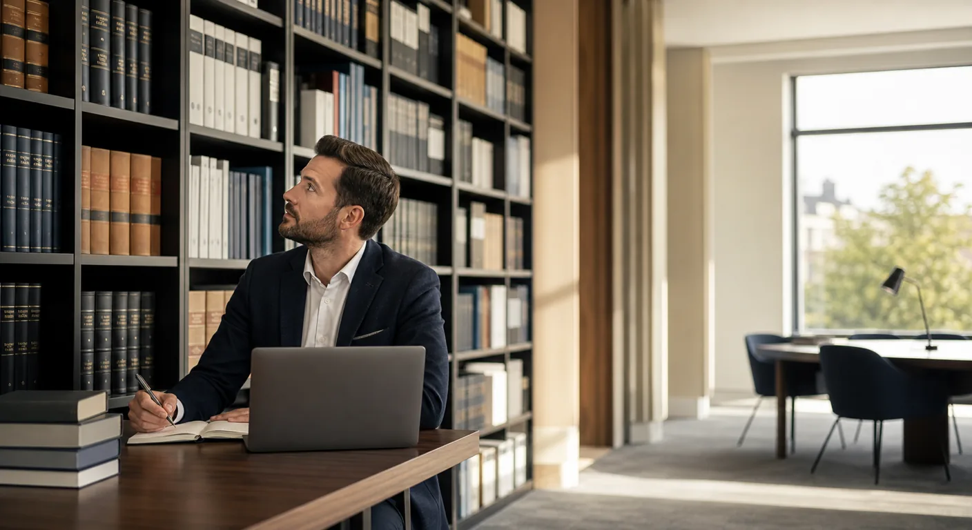 A UK professional in a modern office knowledge centre with floor-to-ceiling reference shelves, a laptop open on the desk, looking up thoughtfully in natural light