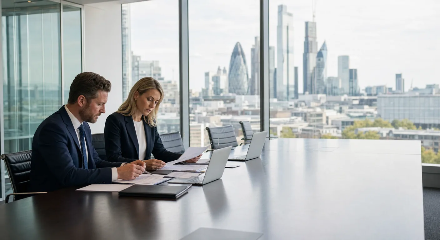 Two UK professional services advisors in a glass-walled City of London boardroom reviewing documents with laptops in front of them