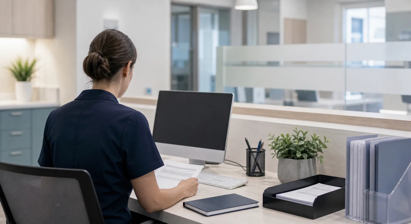 A practice receptionist working at a computer at a clean, modern healthcare reception desk