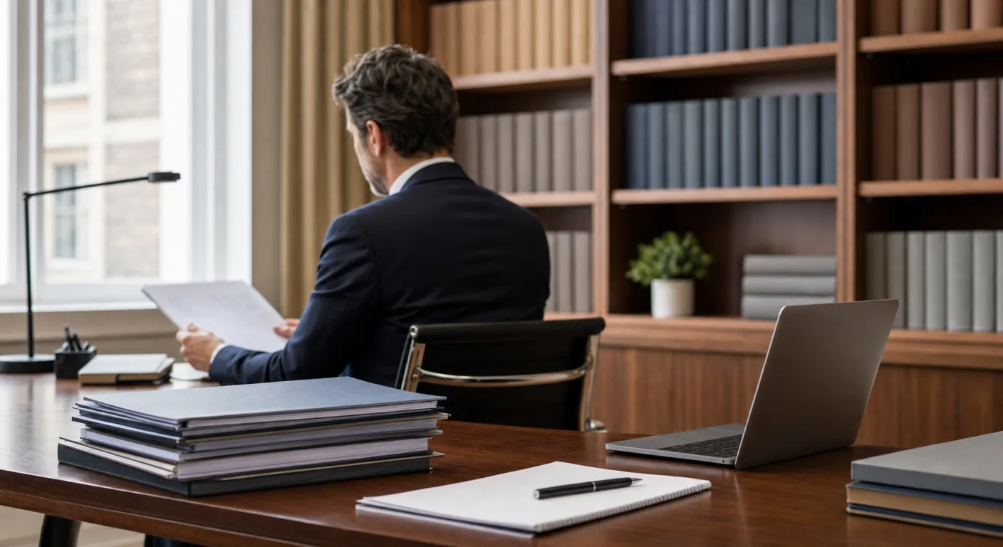 A solicitor reviewing documents at a desk in a law office with bookshelves and a laptop