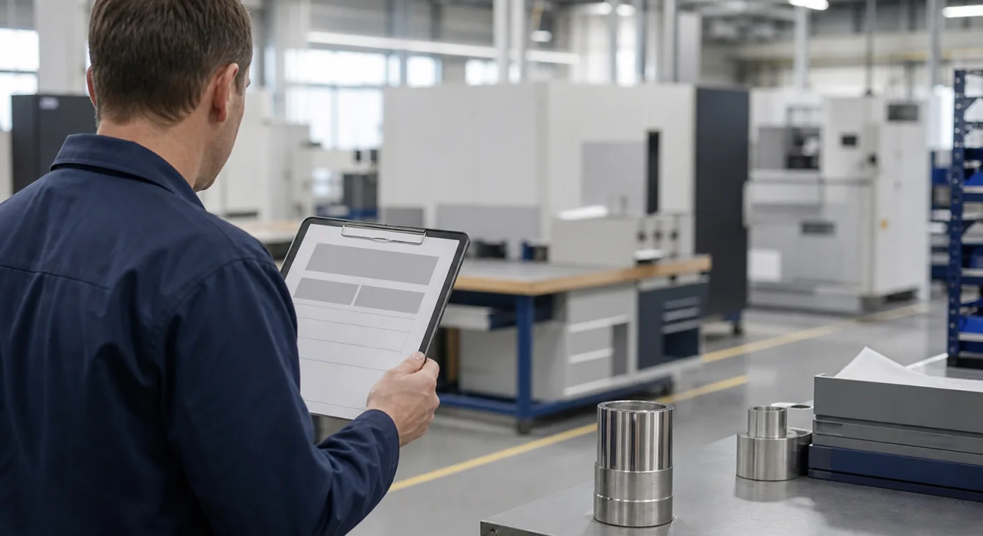 A manufacturing engineer reviewing a checklist on a tablet on a clean factory floor with CNC machines and machined metal components