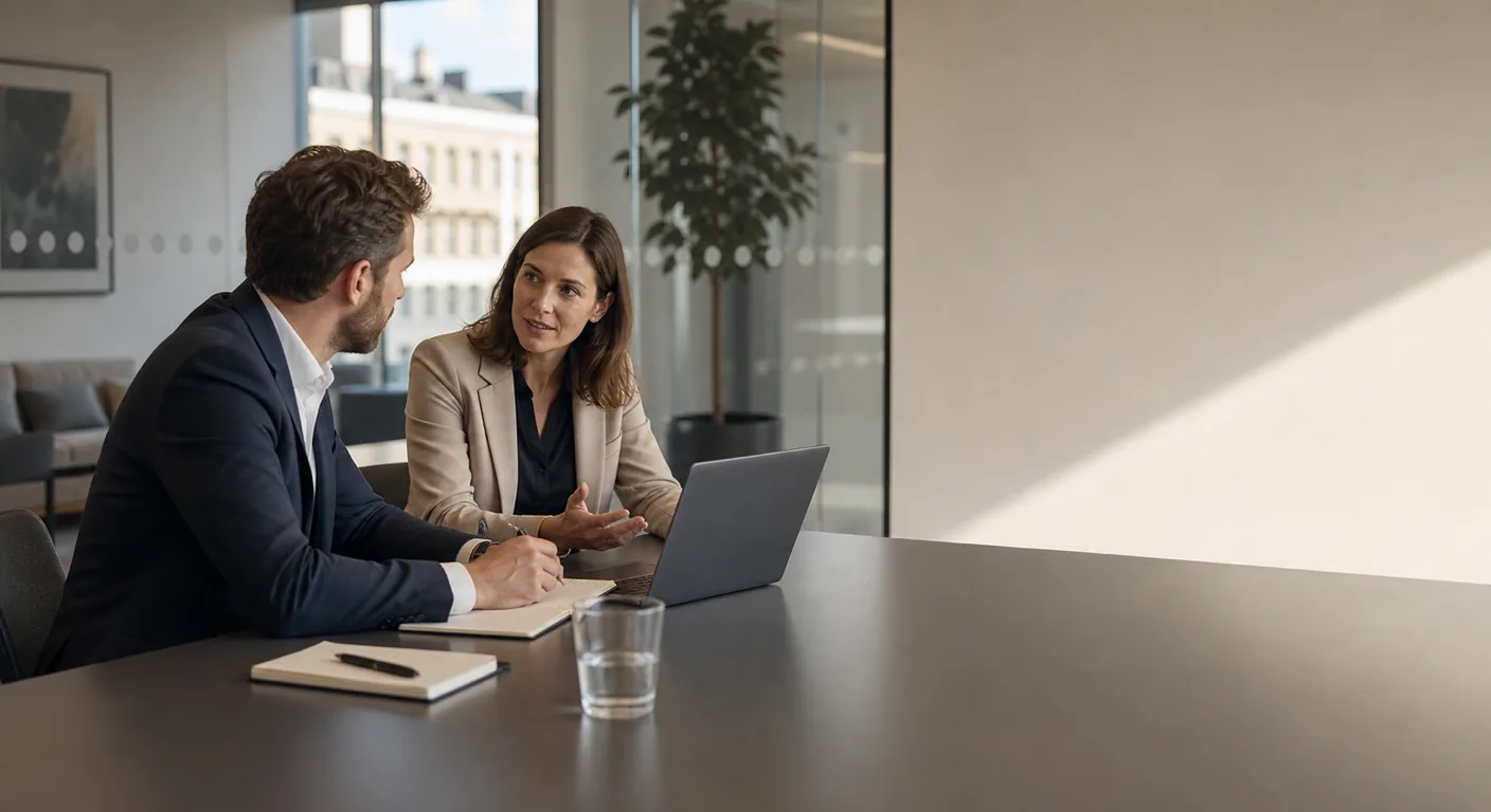 A UK consultant and client in a modern London meeting room, laptop open between them, in conversation about a Claude implementation engagement