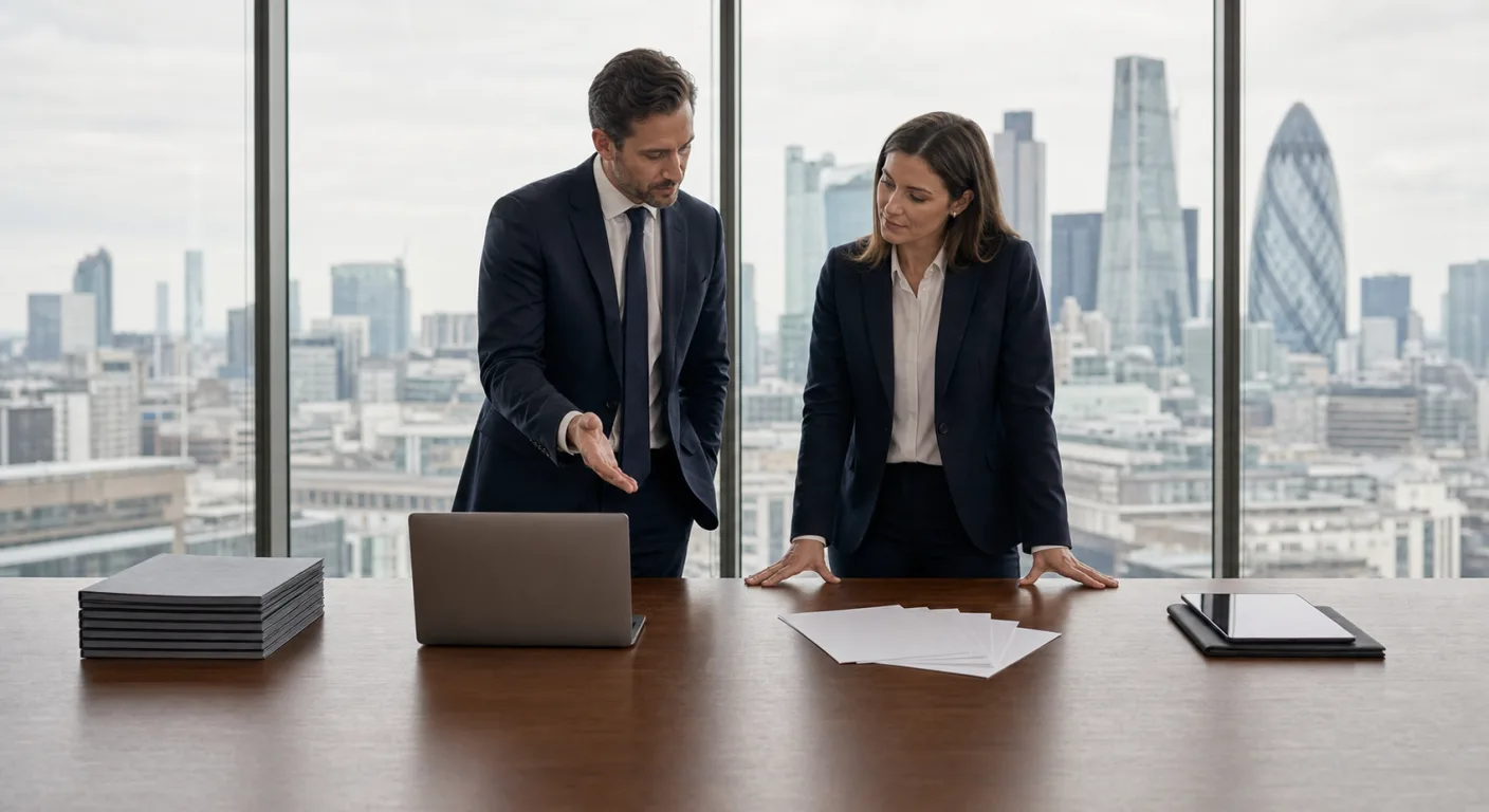 Two professionals at a boardroom table with four distinct groupings of work materials laid out in a row and the City of London skyline behind
